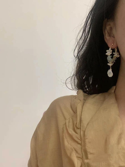 Asymmetrical Baroque Pearl Earrings with Aquamarine | Handmade 14K Gold Filled Jewelry | Statement Gemstone Earrings|Ocean Drift