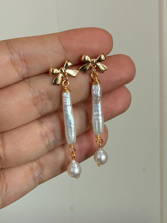Gold Bow Baroque Pearl Drop Earrings