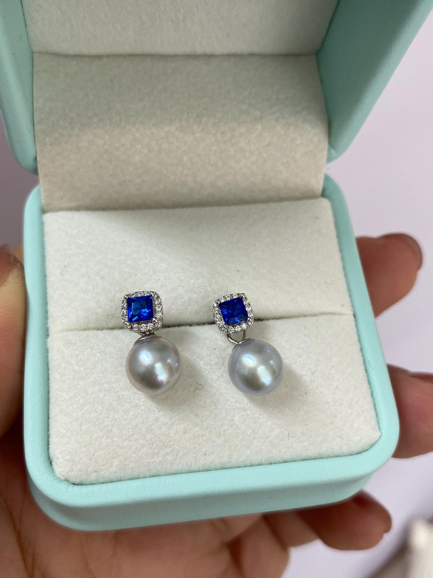 Akoya Pearl Drop Earrings with Blue Cubic Zirconia, 925 Sterling Silver Stud Earrings, Elegant Bridal Jewelry Gift for Her