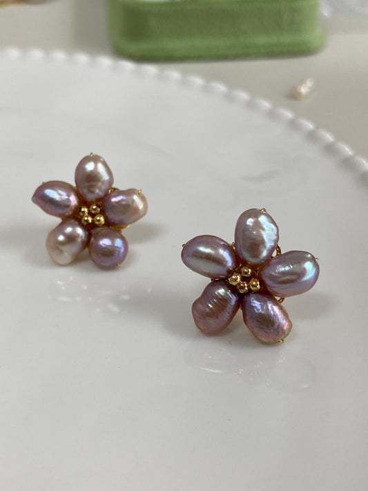 Spring Flower Purple Freshwater Pearl Stud Earrings