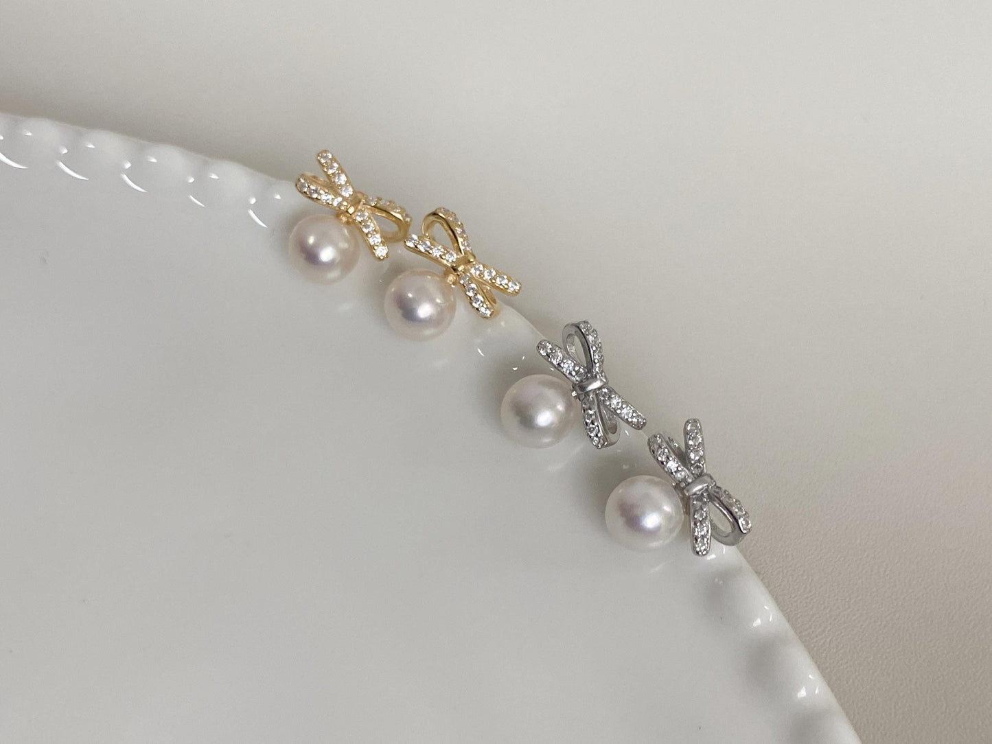Akoya Pearl Stud Earrings with Bow | 5-6mm Saltwater Pearls | 925 Sterling Silver or Gold | Bridal Jewelry Gift for Her