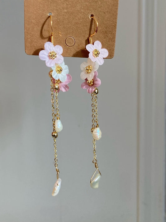 Asymmetrical Floral Pearl Earrings Handmade Baroque Dangle Fairycore Cottagecore Jewelry Pink Petals Gold Chain Drops