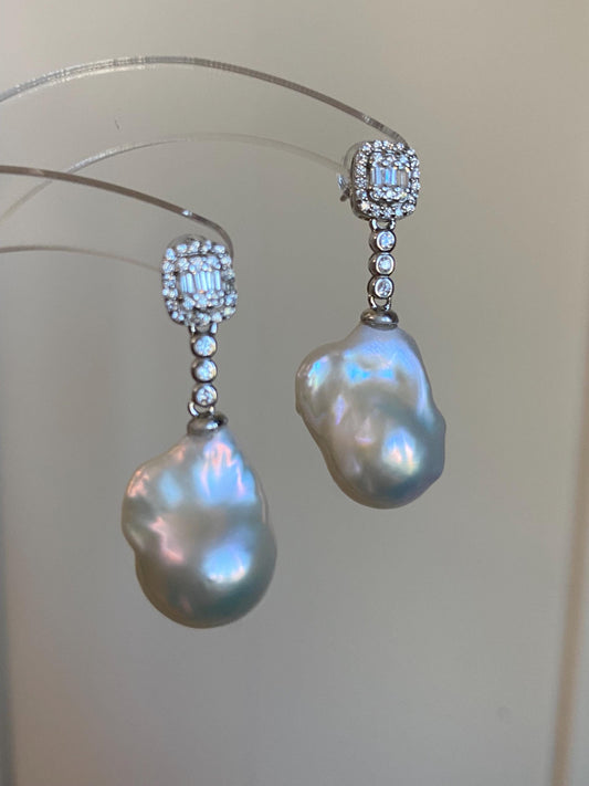 Baroque Pearl Drop Earrings β Sterling Silver and Cubic Zirconia Statement Earrings, Gift for Her