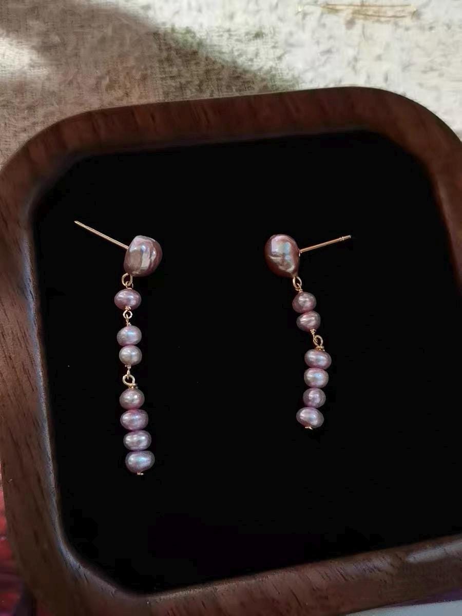 Baroque Lavender Pearl Drop Earrings, Long Dangle Real Pearl Earrings, Gold Filled Elegant Jewelry Gift for Her