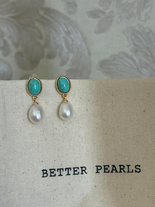 Turquoise & Pearl Drop Earrings