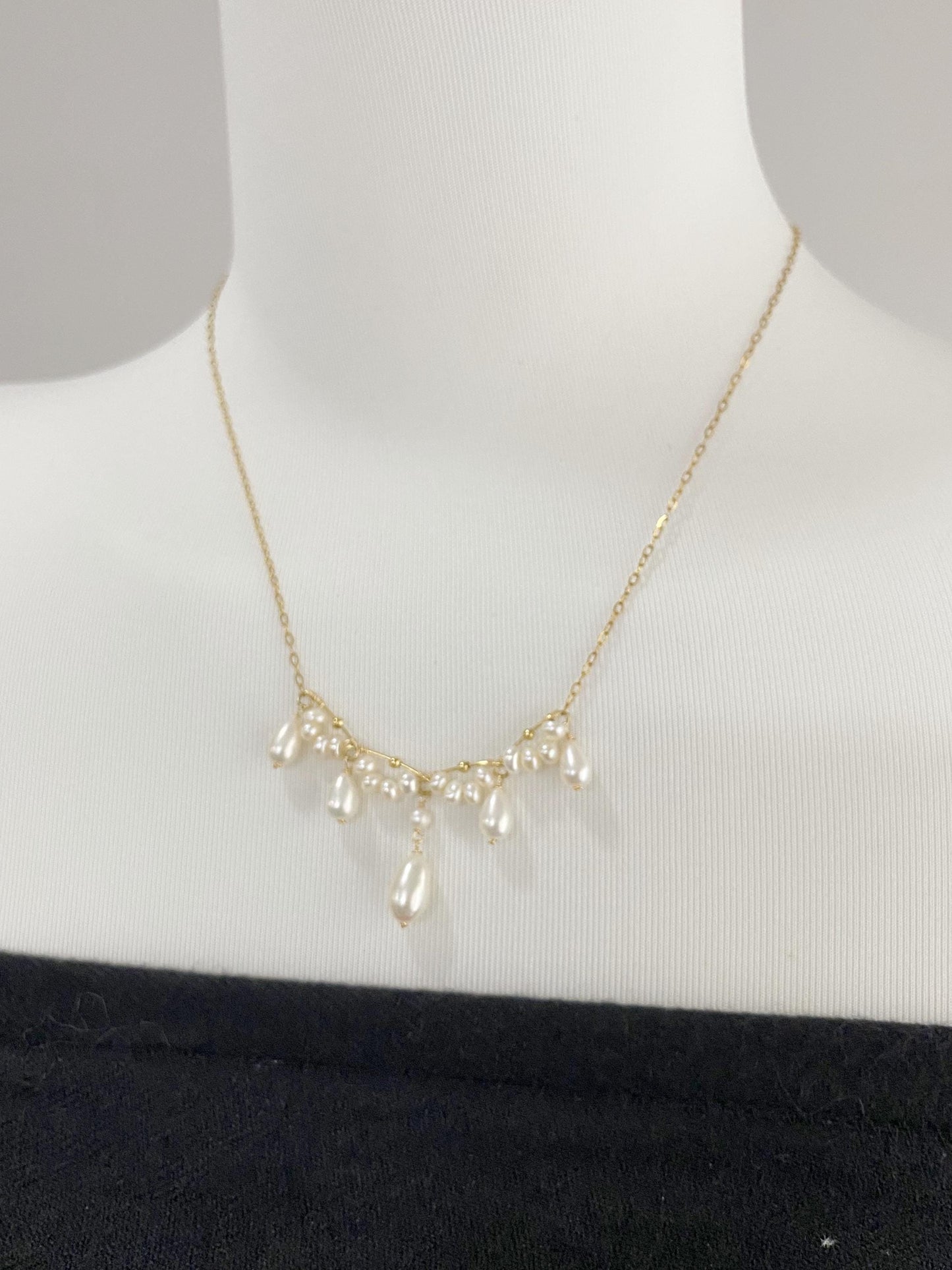 Dainty Freshwater Pearl Drop Necklace Gold Wire Wrapped