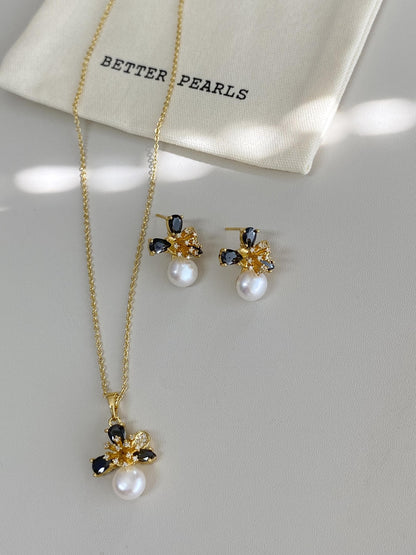 Black Crystal & Pearl Jewelry Set
