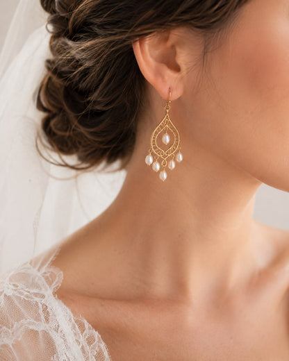 Gold Pearl Chandelier Earrings