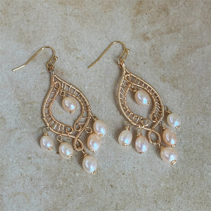 Gold Pearl Chandelier Earrings