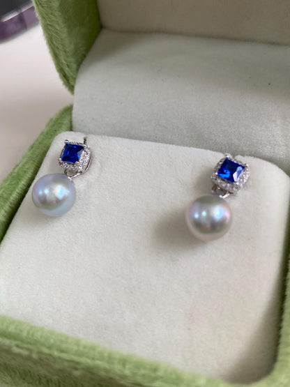 Akoya Pearl & Blue CZ Drop Earrings in Sterling Silver