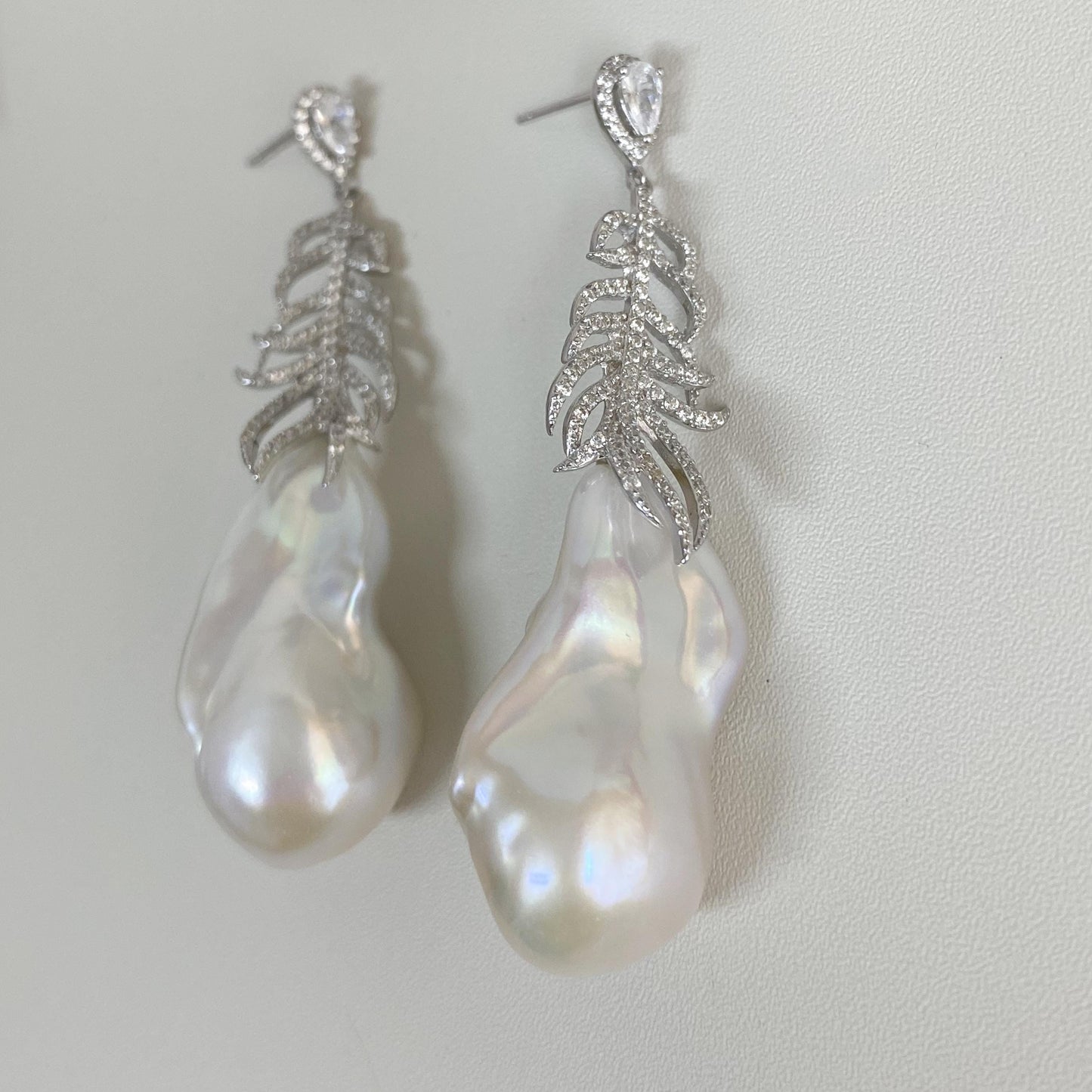Large Baroque Pearl Silver Leaf Earrings