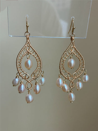 Gold Pearl Chandelier Earrings