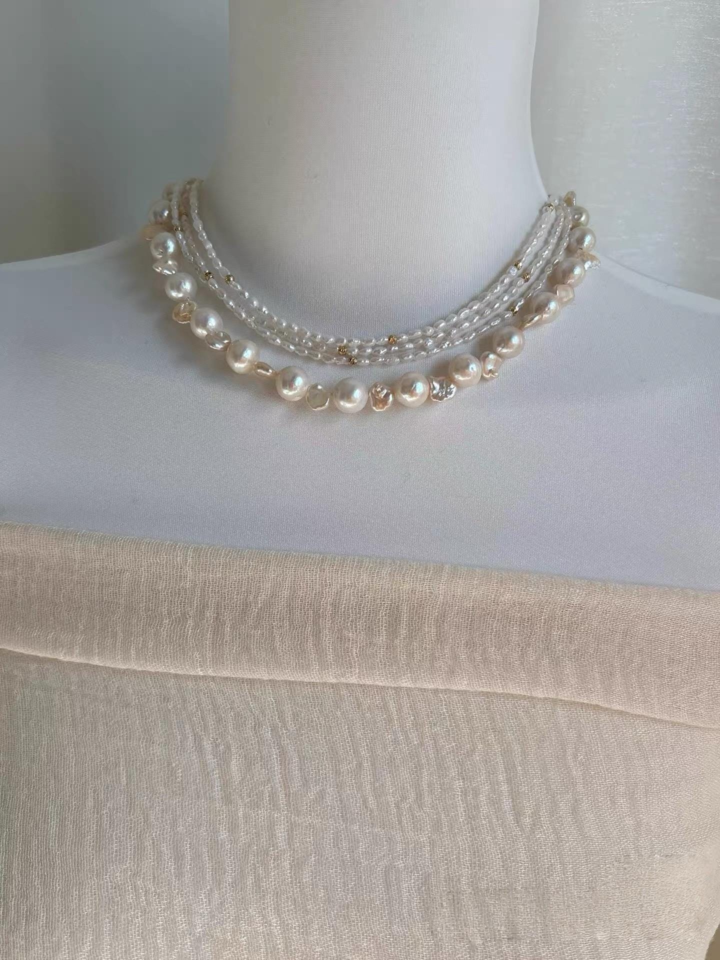 Triple-Strand Rice Pearl Necklace