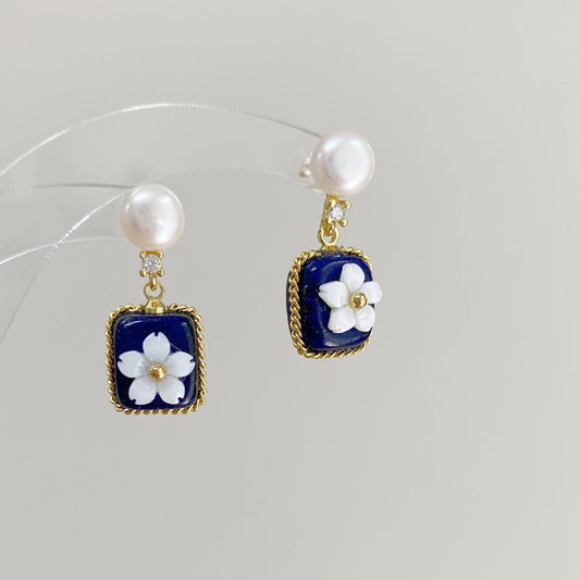 Vintage Lapis Lazuli & Pearl Gold Drop Earrings