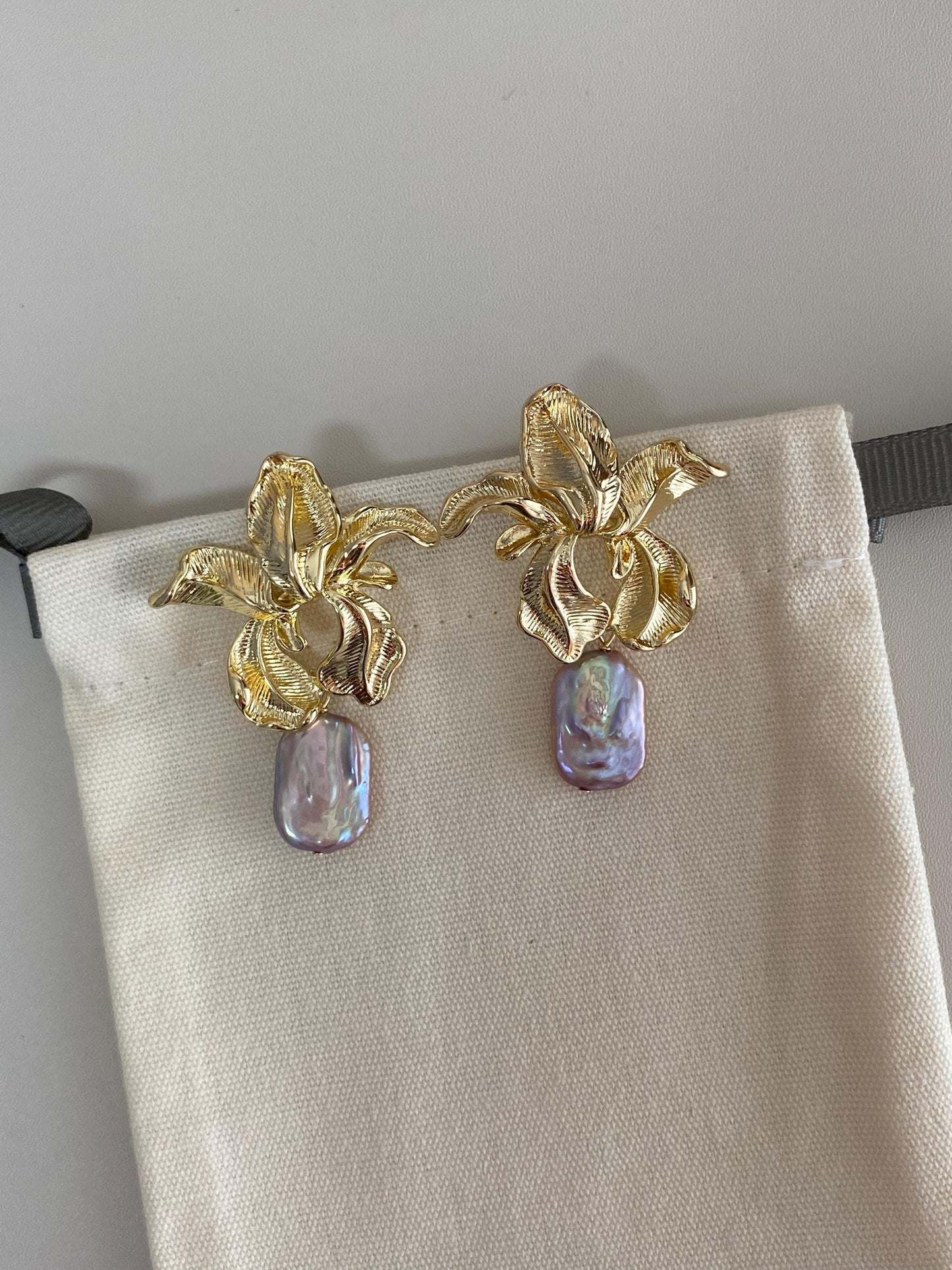 Gold Orchid Pearl Earrings