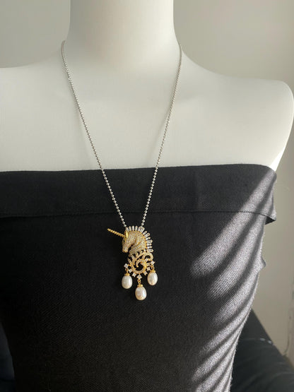 Unicorn Pearl Drop Brooch & Pendant 2-in-1