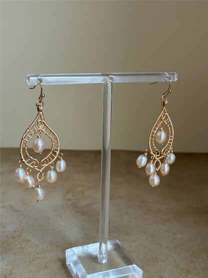 Gold Pearl Chandelier Earrings