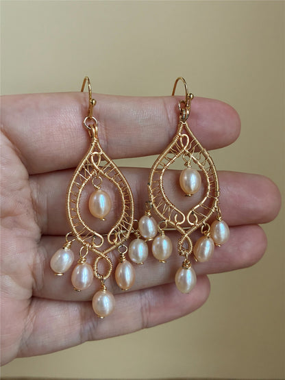 Gold Pearl Chandelier Earrings