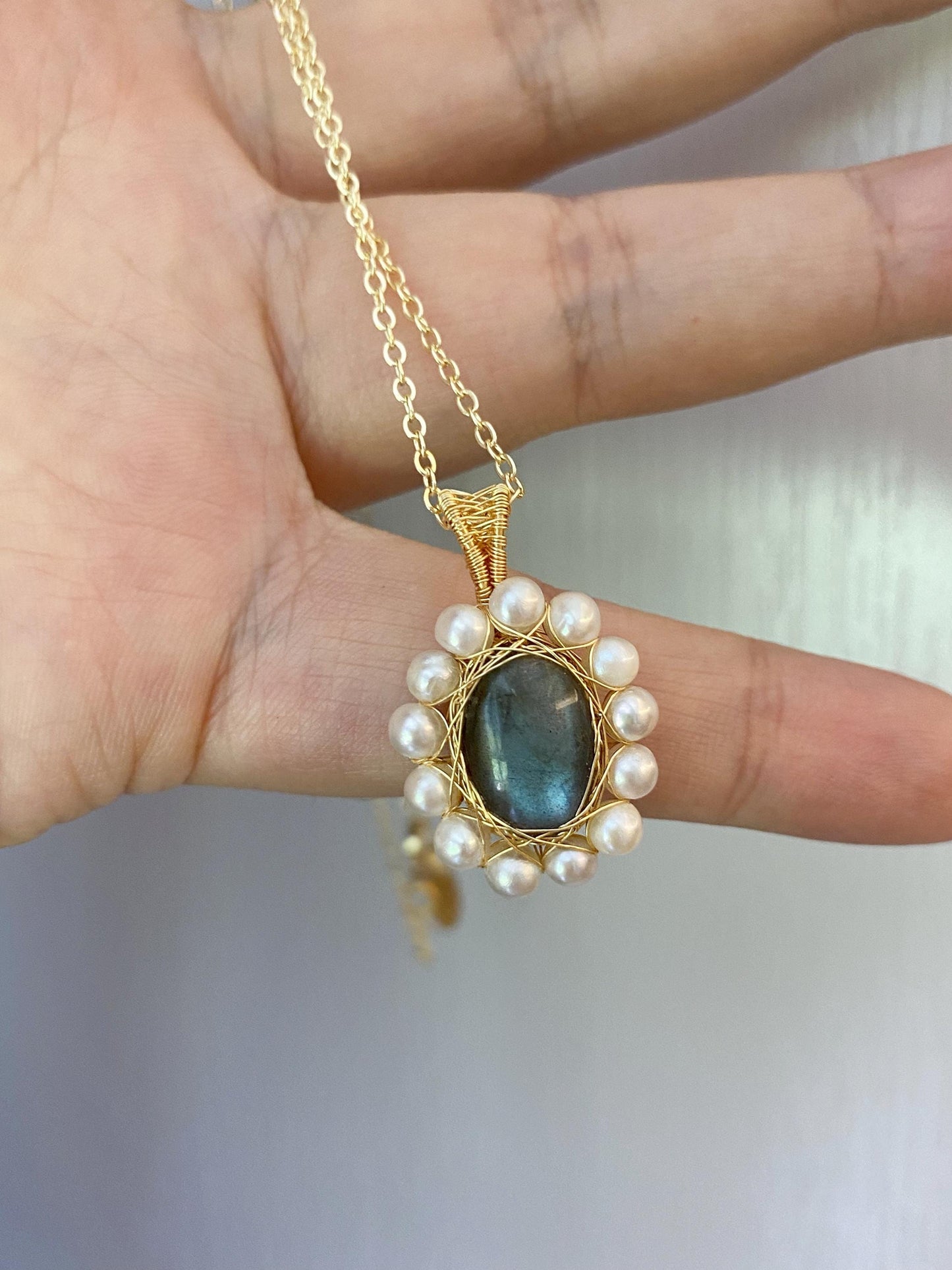 Labradorite & Pearl Wire Wrapped Pendant Necklace