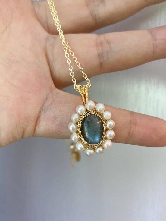 Labradorite & Pearl Wire Wrapped Pendant Necklace