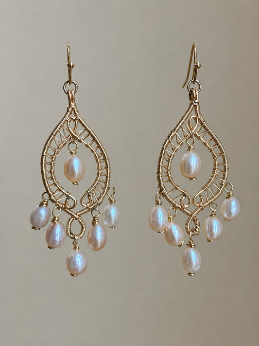 Gold Pearl Chandelier Earrings