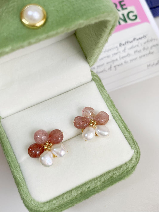 Spring Flower Sunstone & Pearl Stud Earrings