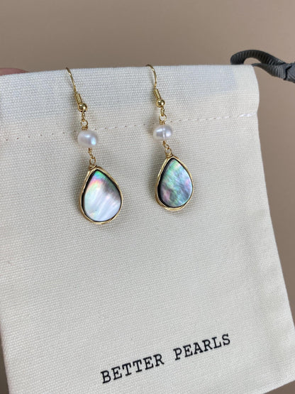 Natural Pearl and Shell Drop Earrings – Gold Plated Mother of Pearl Dangle Earrings, Elegant Minimalist Jewelry Gift