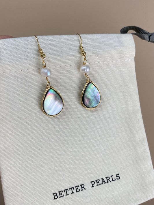 Natural Pearl and Shell Drop Earrings – Gold Plated Mother of Pearl Dangle Earrings, Elegant Minimalist Jewelry Gift
