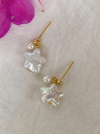 Baroque Star Pearl Earrings – Freshwater Pearl Drop Earrings – Gold Plated Handmade Jewelry – Unique Gift for Her
