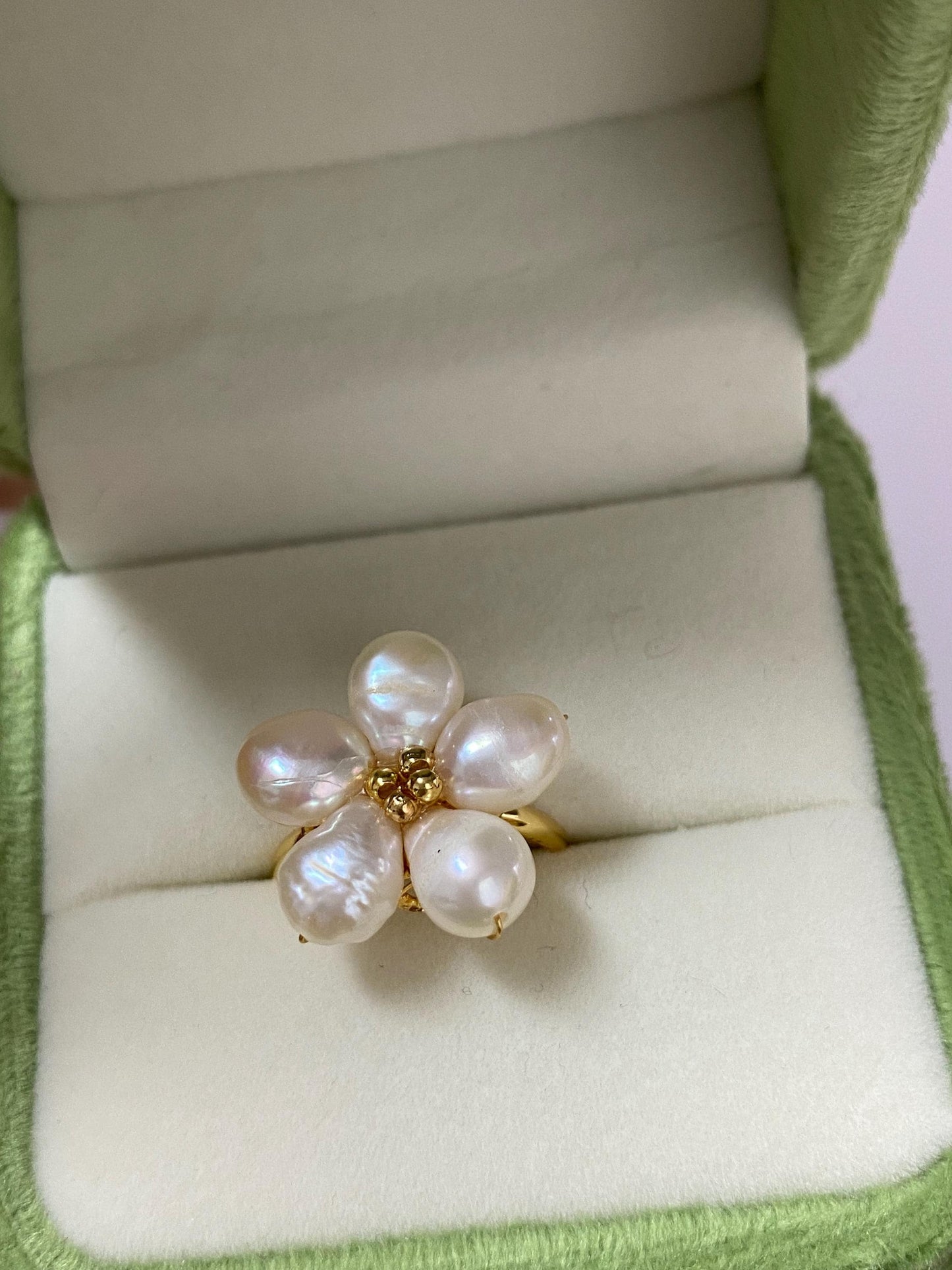 Baroque Pearl Spring Flower Adjustable Ring
