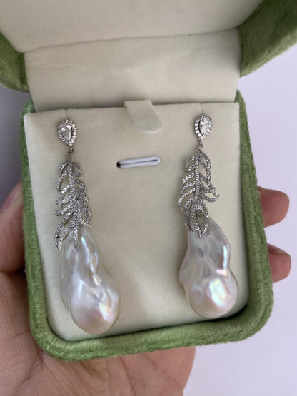Large Baroque Pearl Silver Leaf Earrings