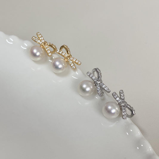 Akoya Pearl Stud Earrings with Bow | 5-6mm Saltwater Pearls | 925 Sterling Silver or Gold | Bridal Jewelry Gift for Her