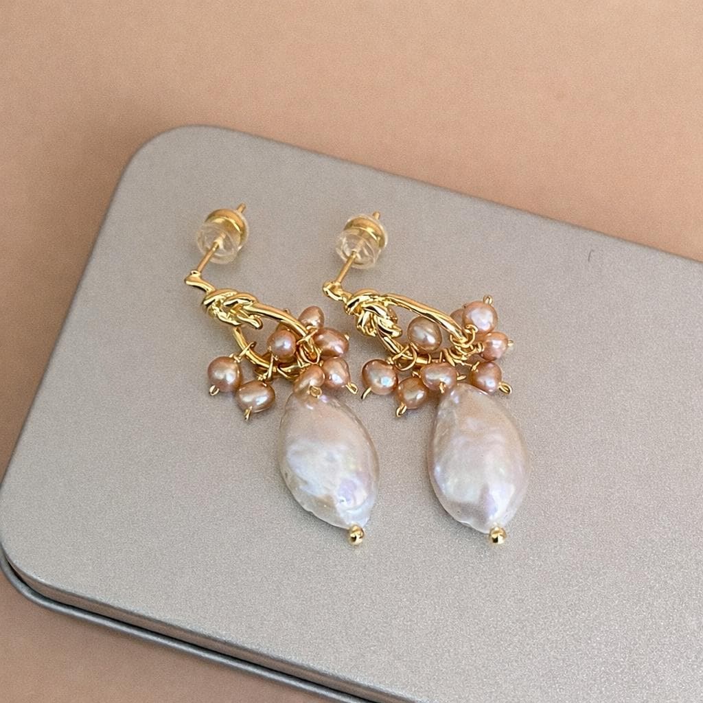 Baroque Pearl Drop Earrings with Gold Hoop