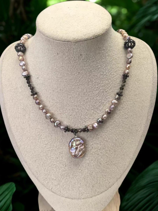 Dark Lolita Freshwater Pearl & Obsidian Statement Necklace