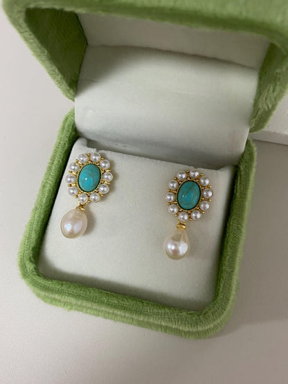Vintage Turquoise & Baroque Pearl Dangle Earrings