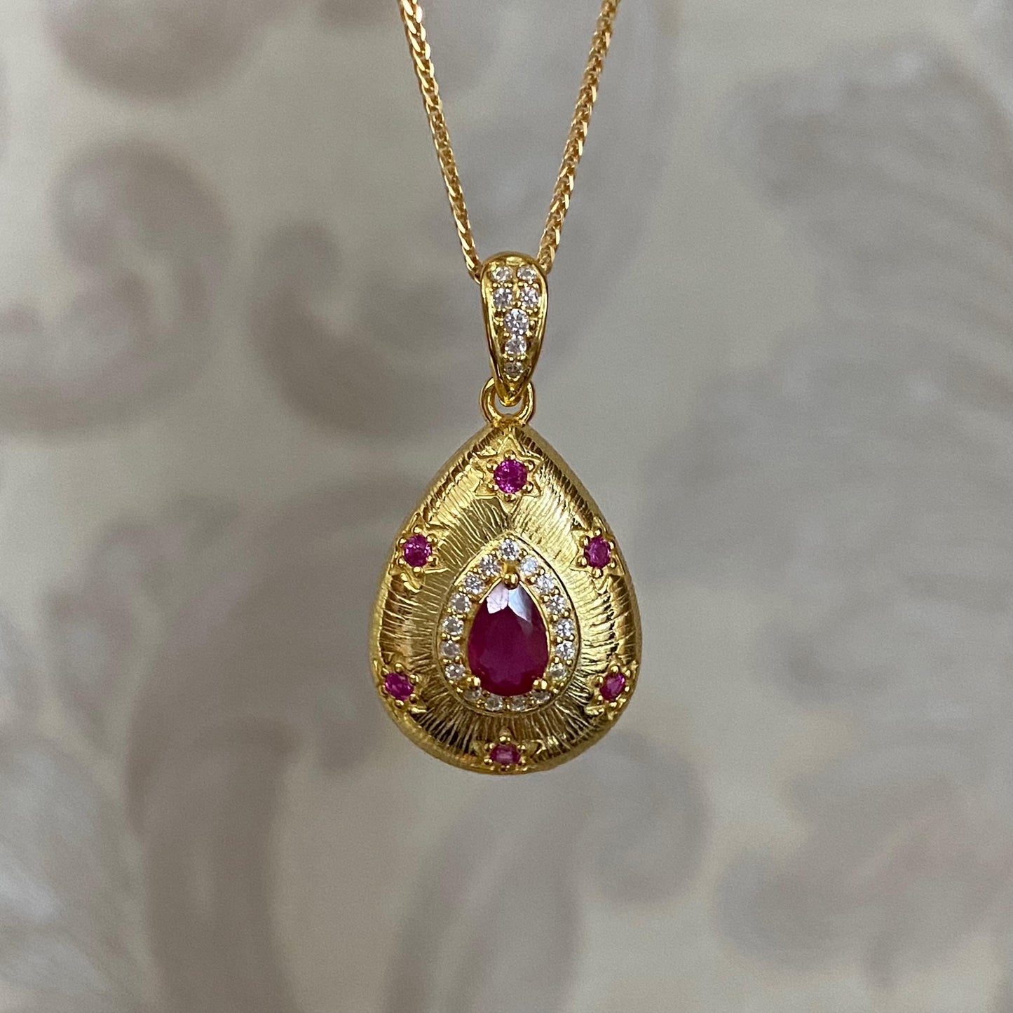 Vintage Ruby Teardrop Pendant Necklace