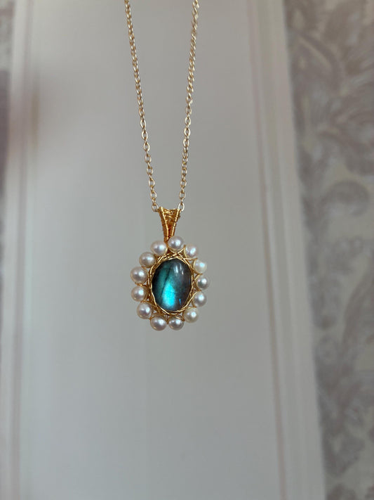 Labradorite & Pearl Wire Wrapped Pendant Necklace