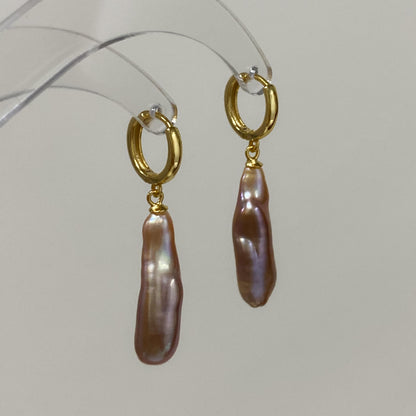 Gold Hoop Baroque Pink Purple Pearl Drop Earrings