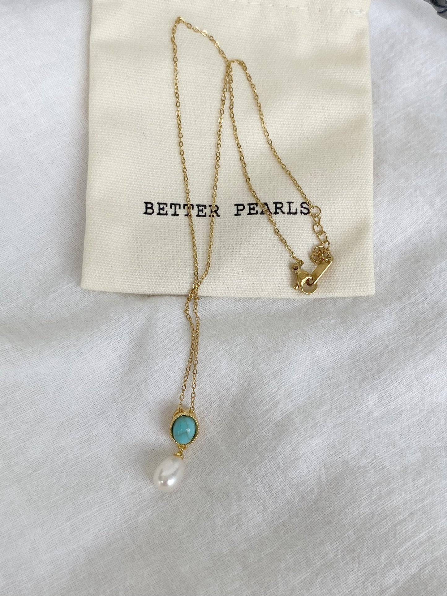 Turquoise & Pearl Pendant Necklace 18K Gold Plated