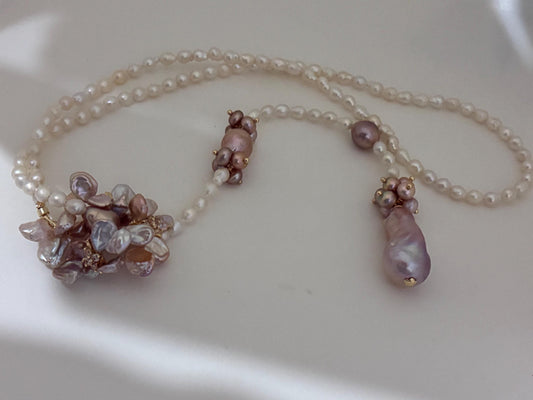 Pink Flower Pearl Wrap Necklace