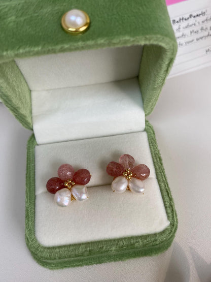 Spring Flower Sunstone & Pearl Stud Earrings