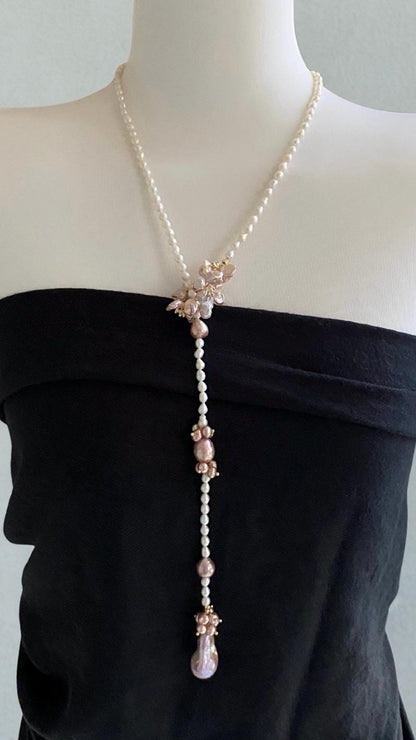 Pink Flower Pearl Wrap Necklace