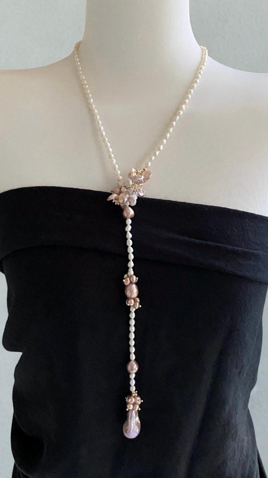 Pink Flower Pearl Wrap Necklace