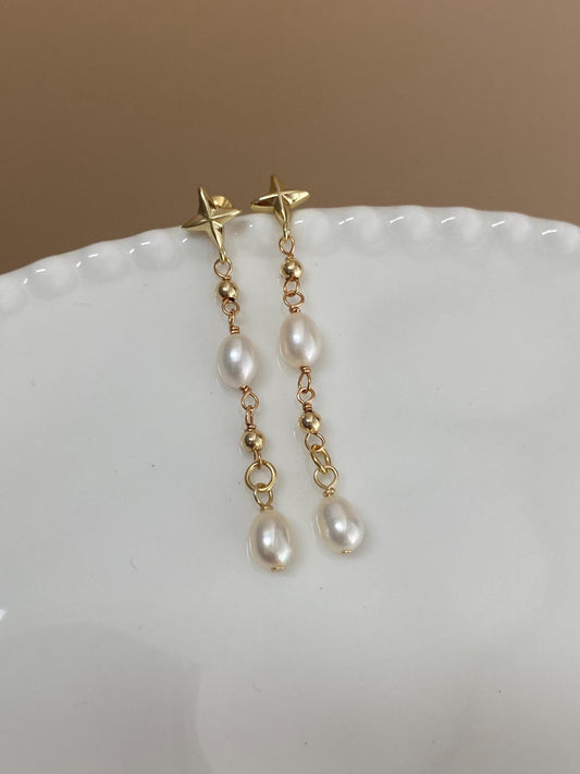 Gold Star Pearl Drop Earrings