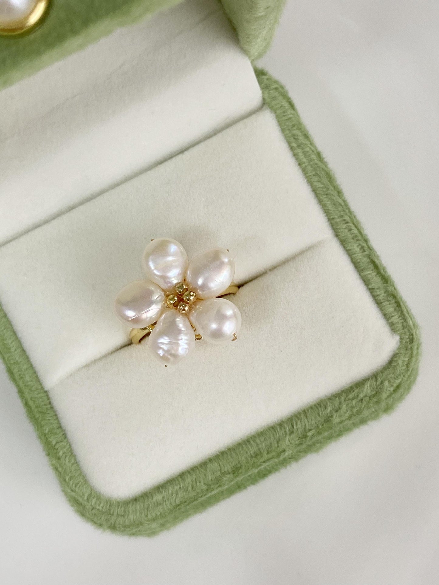 Baroque Pearl Spring Flower Adjustable Ring