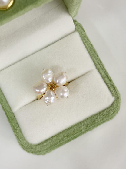Baroque Pearl Spring Flower Adjustable Ring