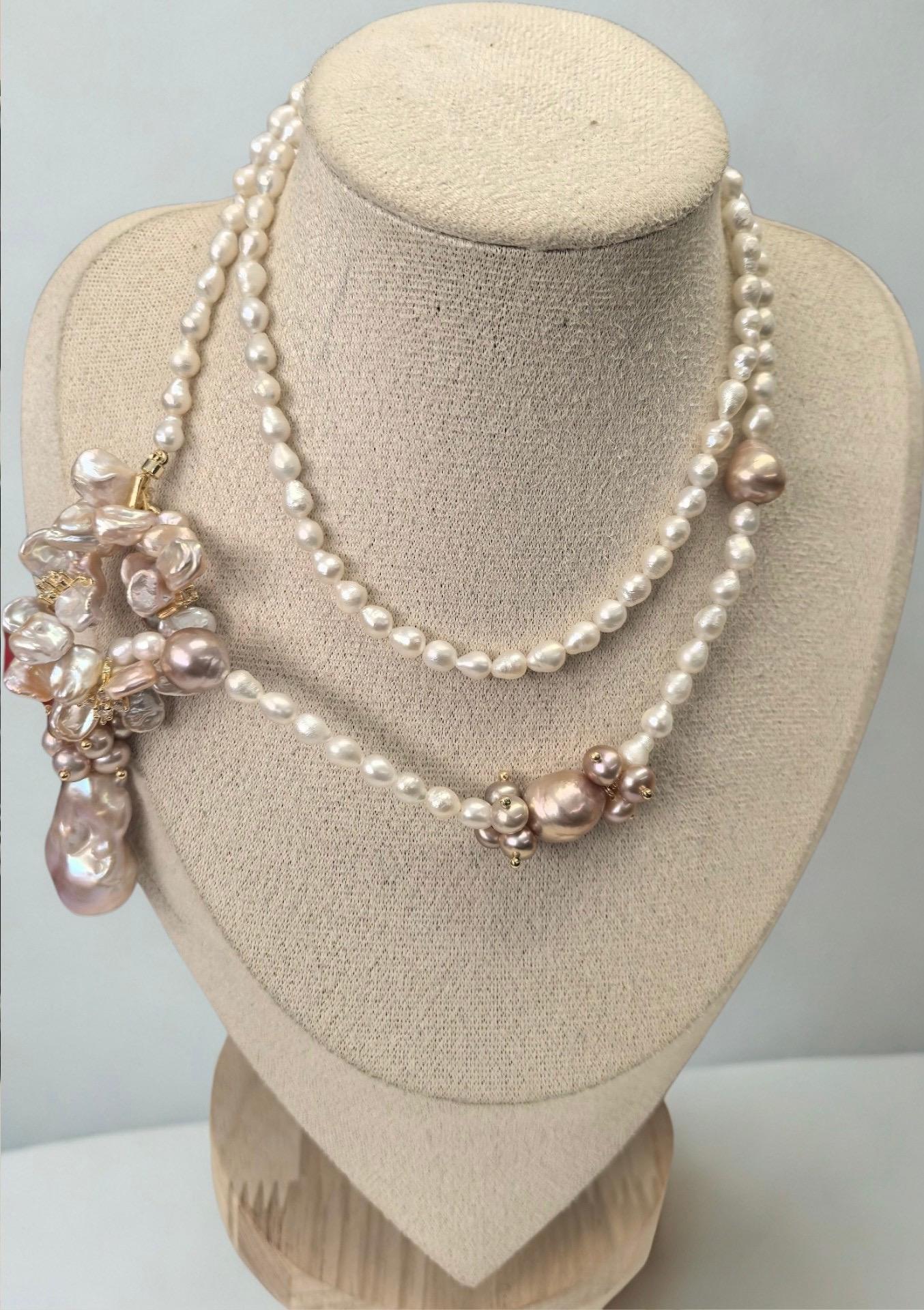 Pink Flower Pearl Wrap Necklace