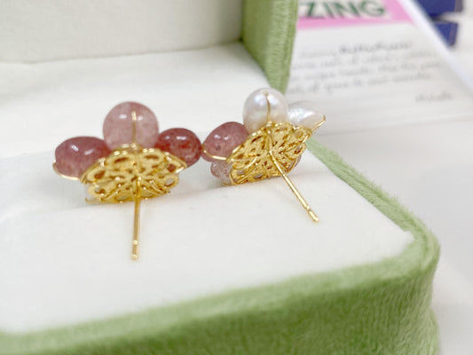 Spring Flower Sunstone & Pearl Stud Earrings
