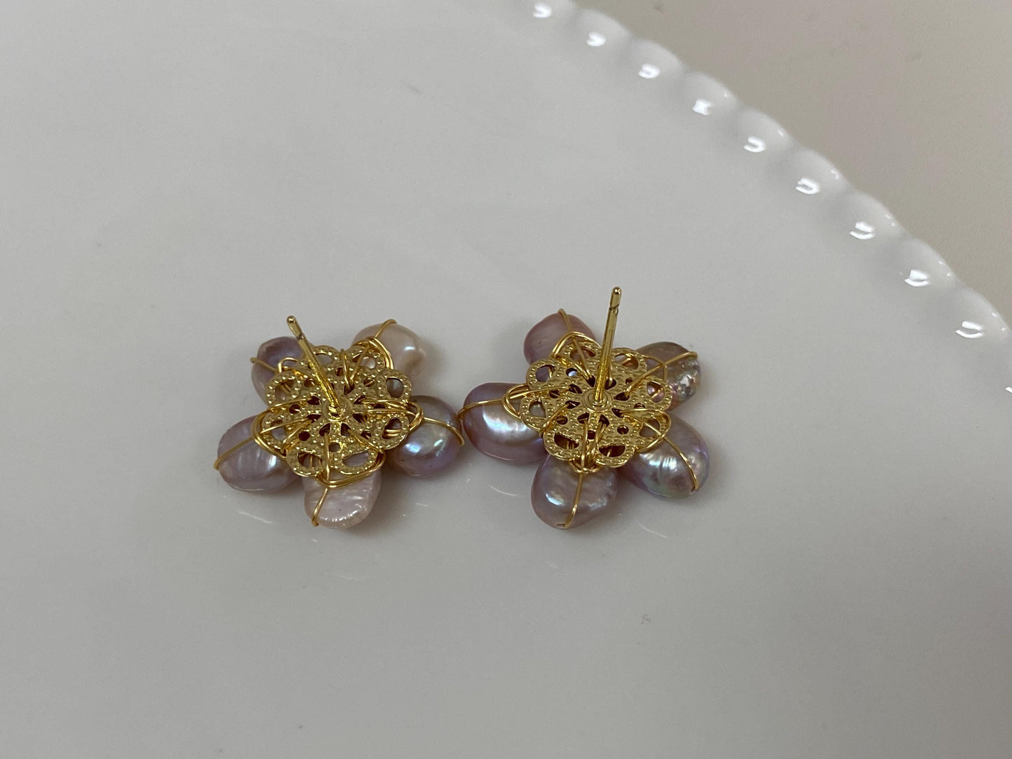 Spring Flower Purple Freshwater Pearl Stud Earrings