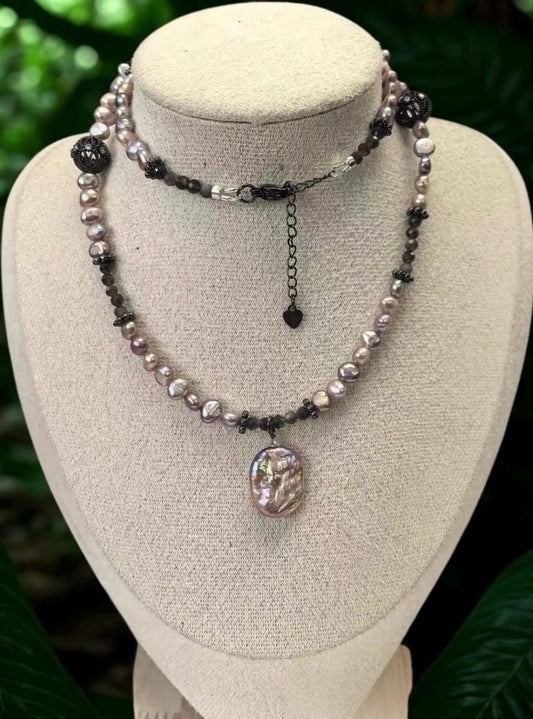 Dark Lolita Freshwater Pearl & Obsidian Statement Necklace